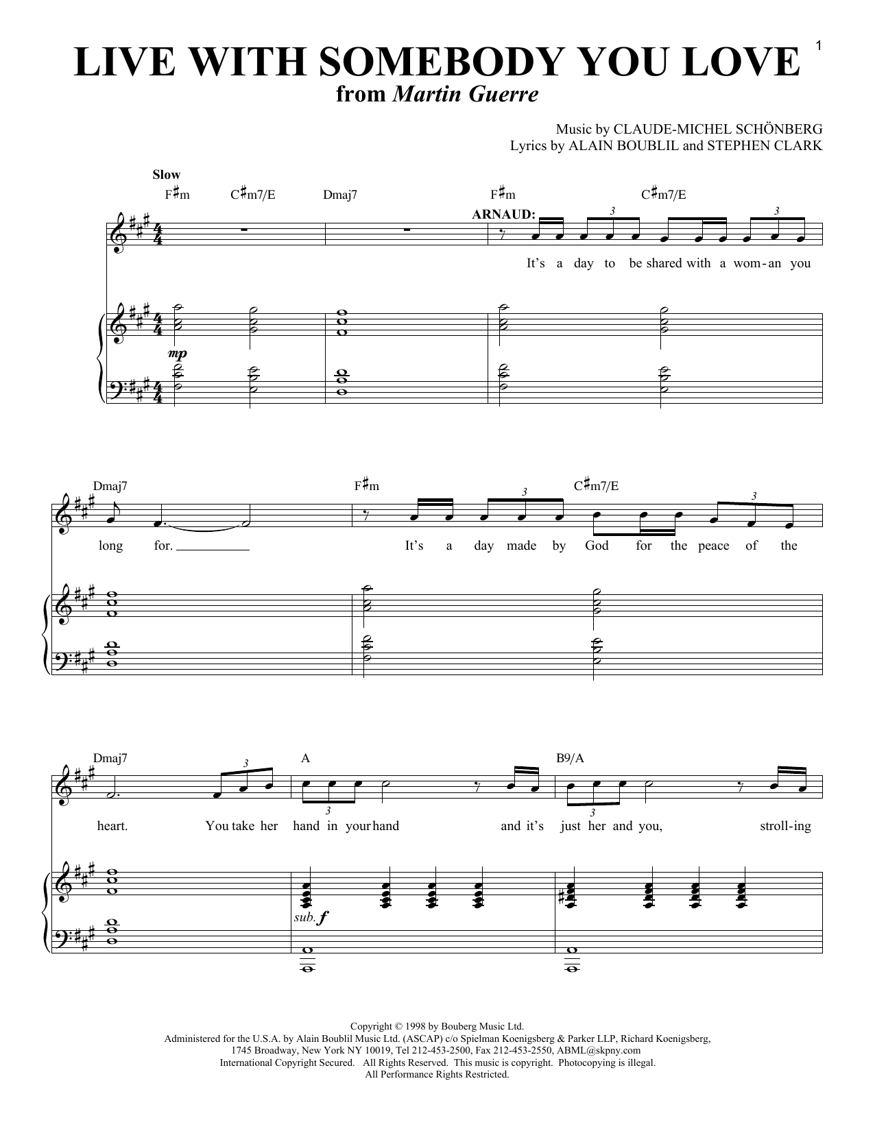 Boublil And Schonberg Live With Somebody You Love From Martin Guerre Sheet Music Download Pdf Score 86420