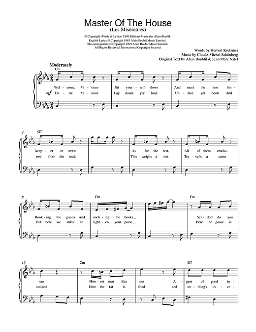 Preview Boublil and Schonberg Master Of The House (from Les Miserables) Musicals sheet music, notes and chords for Piano, SKU: 18719 Master Of The House (from Les Miserables) sheet music