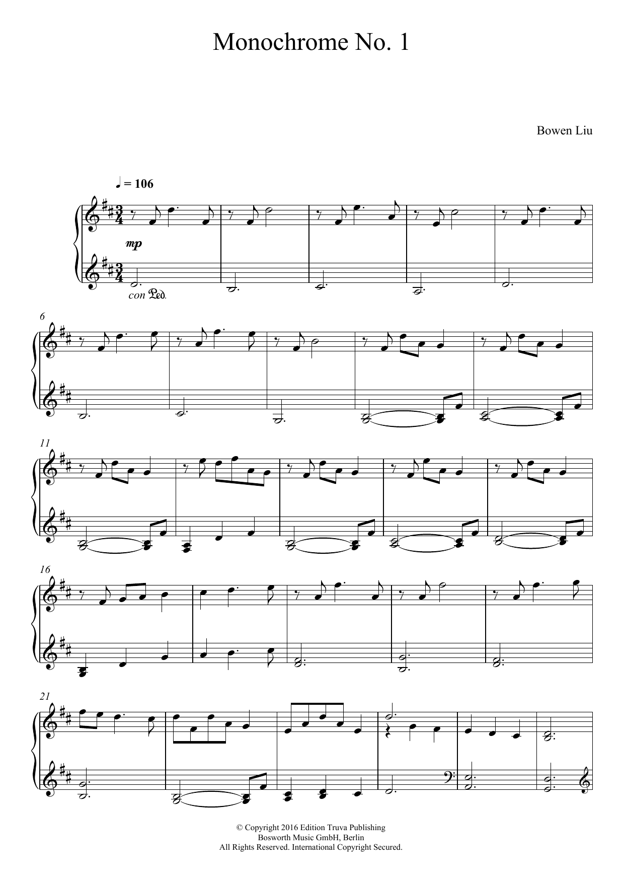 Bowen Liu Monochrome No. 1 Sheet Music Notes & Chords for Piano - Download or Print PDF