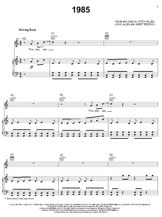 Bowling For Soup 1985 Sheet Music Notes & Chords for Piano, Vocal & Guitar (Right-Hand Melody) - Download or Print PDF