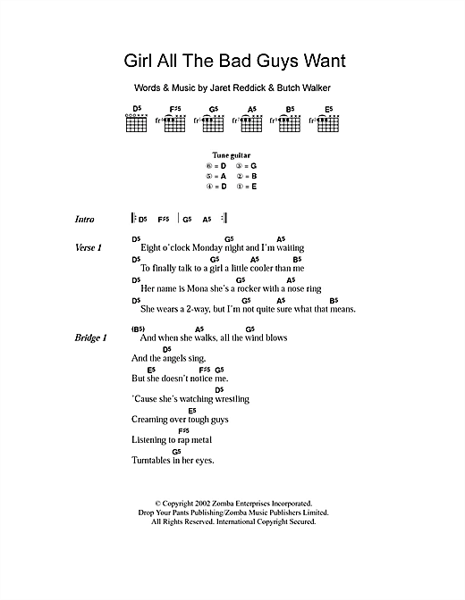 Preview Bowling For Soup Girl All The Bad Guys Want Pop sheet music, notes and chords for Bass Guitar Tab, SKU: 23536 sheet music, piano notes, chords, guitar tabs, score, transpose, transcribe, how to play, guide, download, learn, tutorial, progression, song, artist, awards, billboard, mtv, vh1, tour, single, album, release