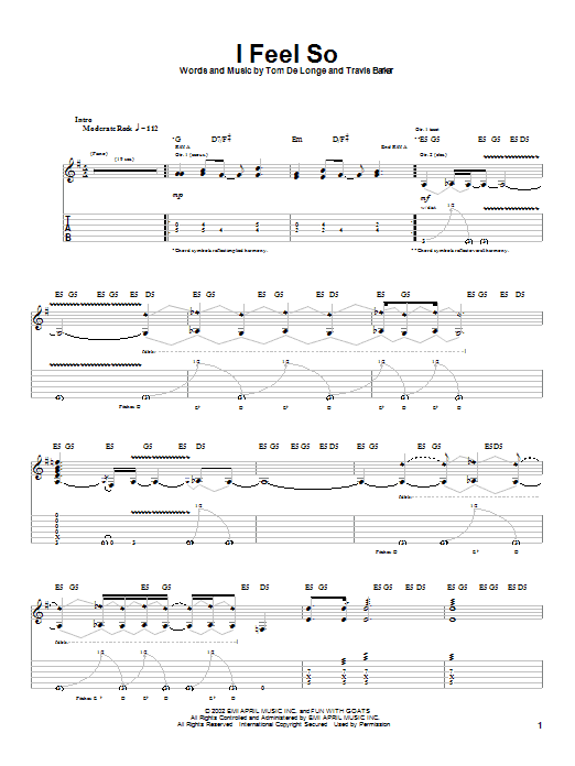 Box Car Racer I Feel So Sheet Music Notes & Chords for Guitar Tab Play-Along - Download or Print PDF