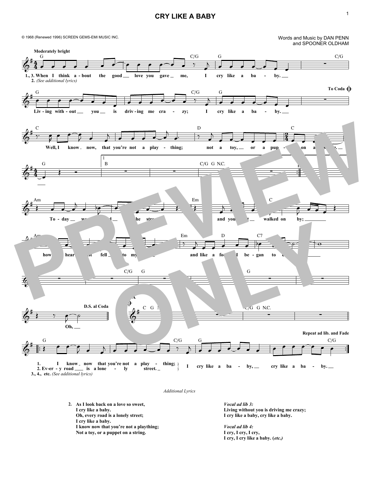 Box Tops Cry Like A Baby Sheet Music Notes & Chords for Melody Line, Lyrics & Chords - Download or Print PDF