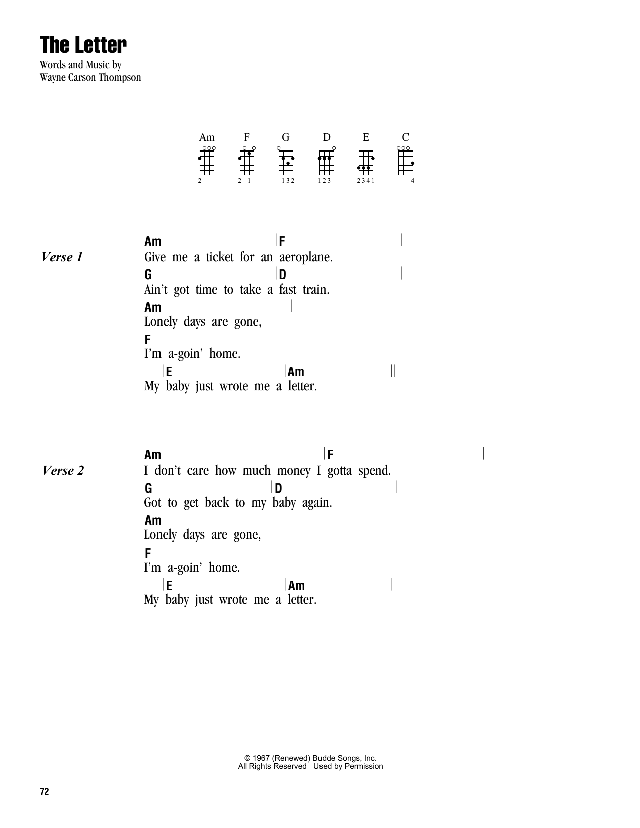 Box Tops The Letter Sheet Music Notes & Chords for Ukulele Chords/Lyrics - Download or Print PDF