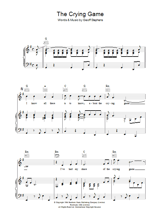 Boy George The Crying Game Sheet Music Notes & Chords for Melody Line, Lyrics & Chords - Download or Print PDF
