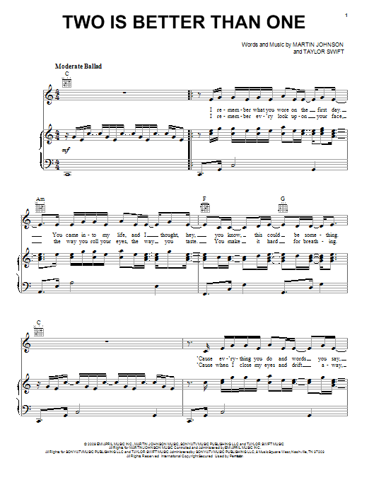 Boys Like Girls featuring Taylor Swift Two Is Better Than One Sheet Music Notes & Chords for Piano, Vocal & Guitar (Right-Hand Melody) - Download or Print PDF