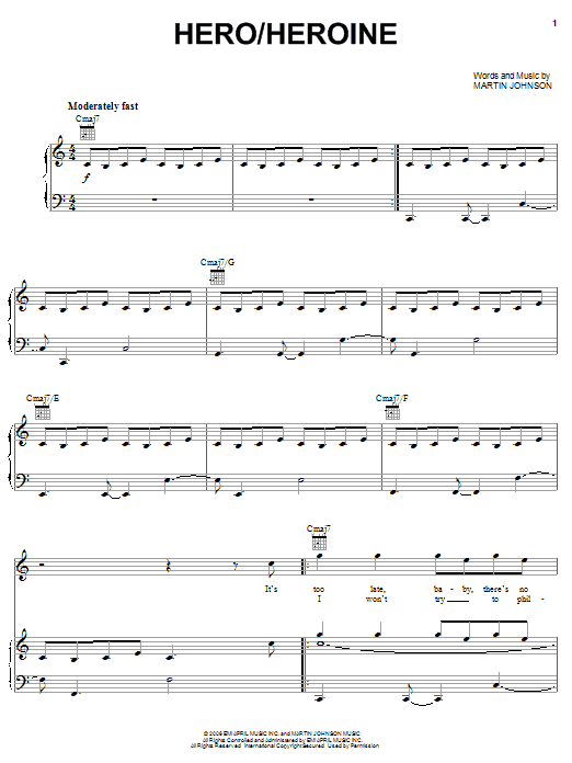 Preview Boys Like Girls Hero/Heroine Rock sheet music, notes and chords for Piano, Vocal & Guitar (Right-Hand Melody), SKU: 63547 Hero/Heroine sheet music