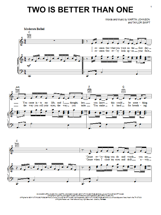 Preview Boys Like Girls featuring Taylor Swift Two Is Better Than One Pop sheet music, notes and chords for Piano, Vocal & Guitar (Right-Hand Melody), SKU: 72913 Two Is Better Than One sheet music