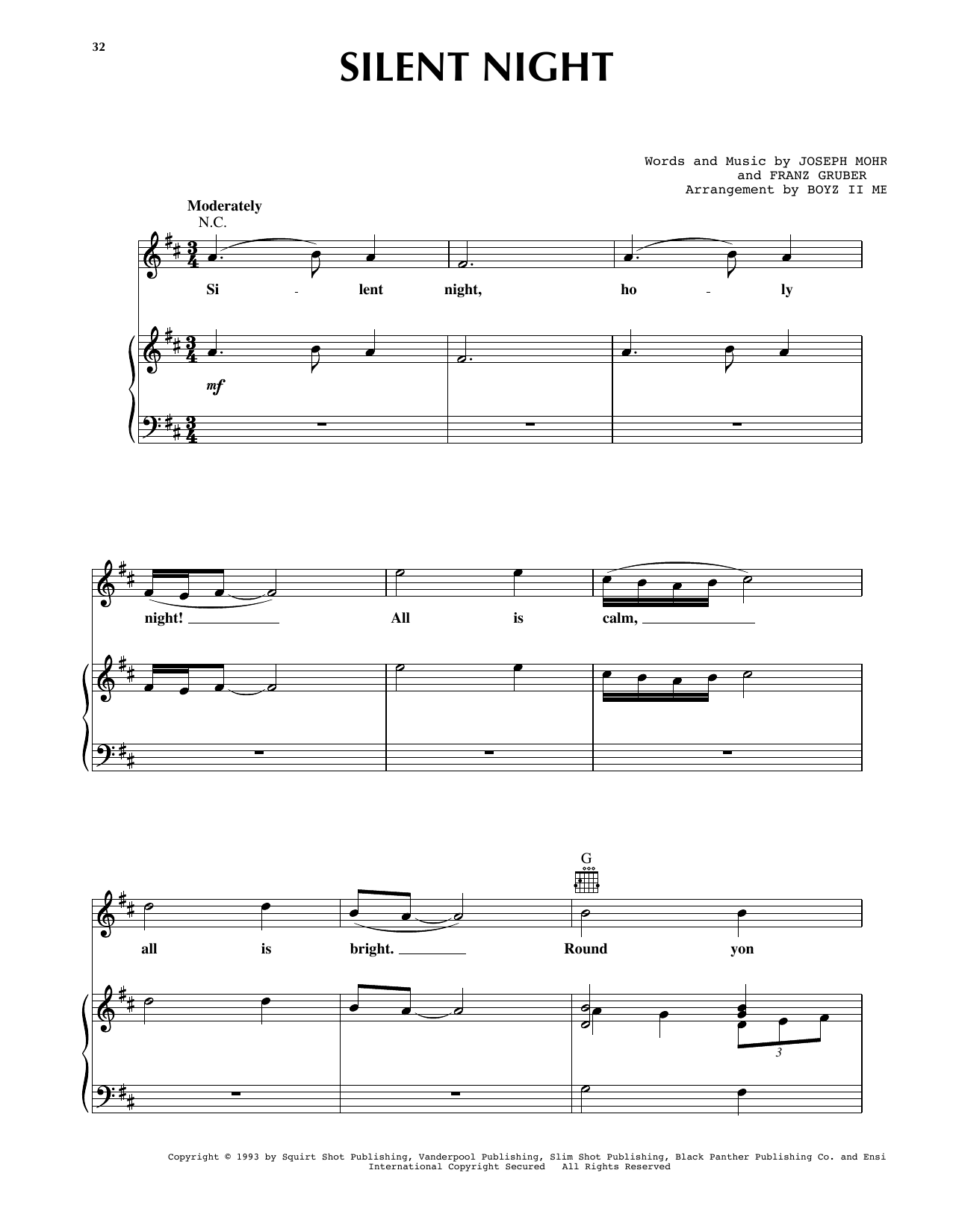 Boyz II Men Silent Night Sheet Music Notes & Chords for Piano, Vocal & Guitar Chords (Right-Hand Melody) - Download or Print PDF