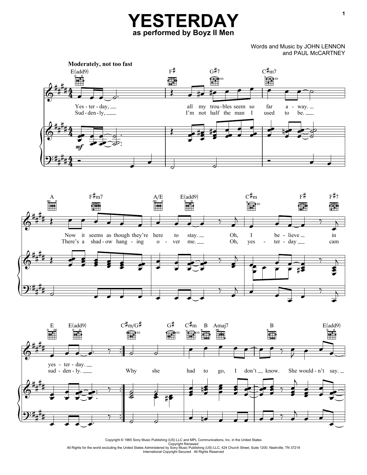 Boyz II Men Yesterday Sheet Music Notes & Chords for Piano, Vocal & Guitar Chords (Right-Hand Melody) - Download or Print PDF