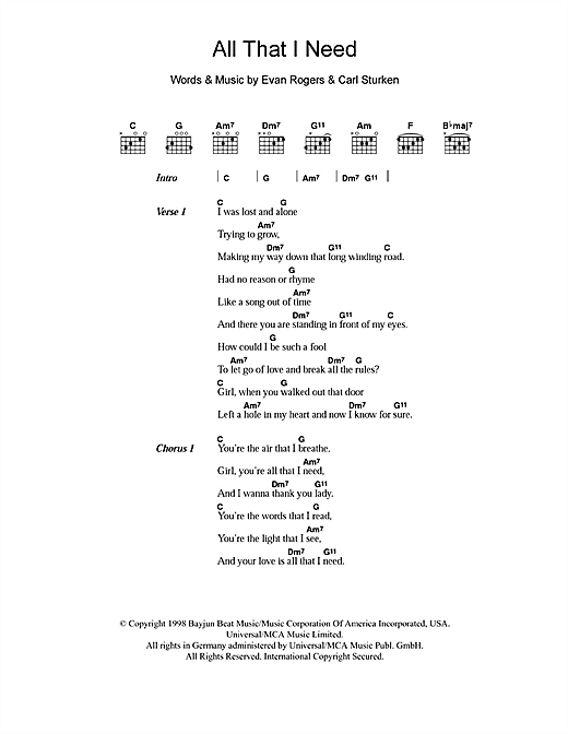 Preview Boyzone All That I Need Pop sheet music, notes and chords for Piano, Vocal & Guitar (Right-Hand Melody), SKU: 33972 All That I Need sheet music
