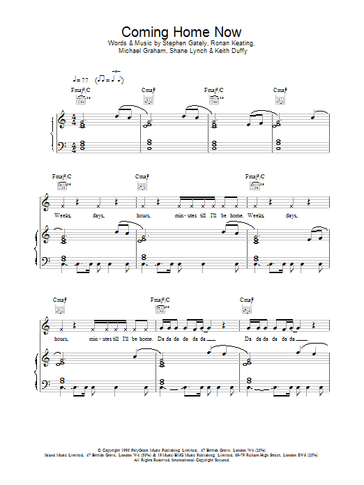 Boyzone Coming Home Now Sheet Music Notes & Chords for Keyboard - Download or Print PDF