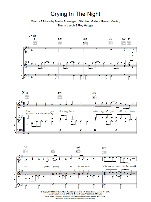 Preview Boyzone Crying In The Night Pop sheet music, notes and chords for Piano, Vocal & Guitar (Right-Hand Melody), SKU: 14466 Crying In The Night sheet music