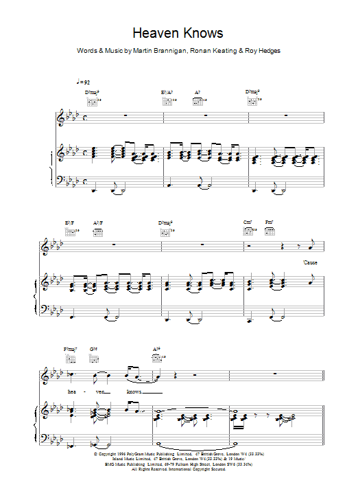 Boyzone Heaven Knows Sheet Music Notes & Chords for Piano, Vocal & Guitar (Right-Hand Melody) - Download or Print PDF