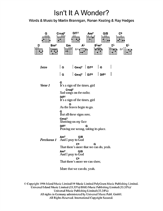 Boyzone Isn't It A Wonder? Sheet Music Notes & Chords for Piano, Vocal & Guitar (Right-Hand Melody) - Download or Print PDF