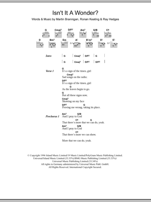 Boyzone Isn't It A Wonder? Sheet Music Notes & Chords for Piano, Vocal & Guitar (Right-Hand Melody) - Download or Print PDF