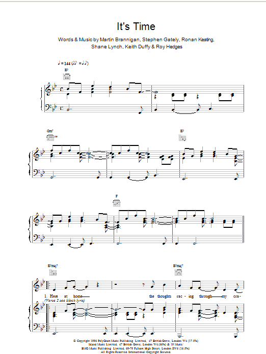 Boyzone Its Time Sheet Music Notes & Chords for Piano, Vocal & Guitar (Right-Hand Melody) - Download or Print PDF