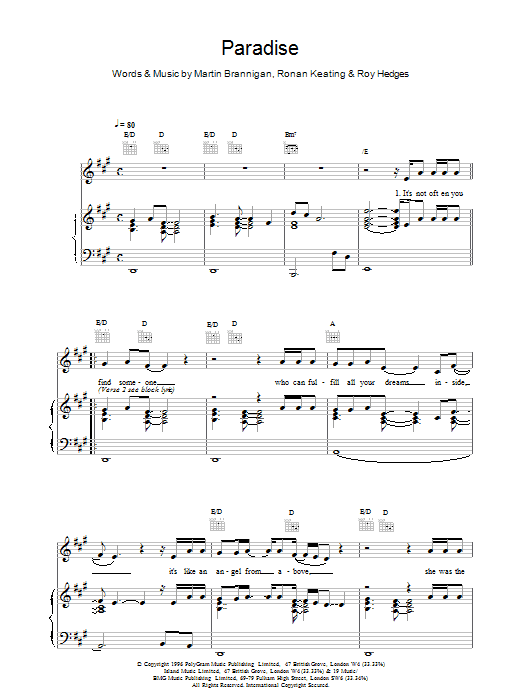 Boyzone Paradise Sheet Music Notes & Chords for Piano, Vocal & Guitar (Right-Hand Melody) - Download or Print PDF