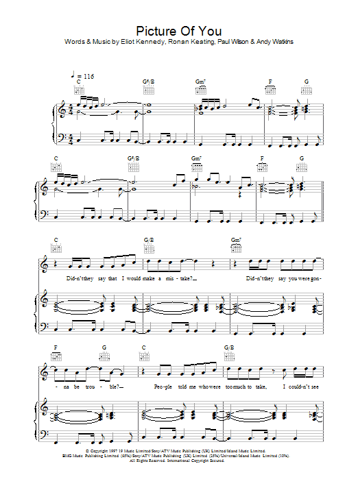 Boyzone Picture Of You Sheet Music Notes & Chords for Piano, Vocal & Guitar - Download or Print PDF