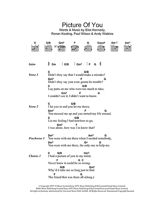 Preview Boyzone Picture Of You Pop sheet music, notes and chords for Piano, Vocal & Guitar, SKU: 33999 Picture Of You sheet music