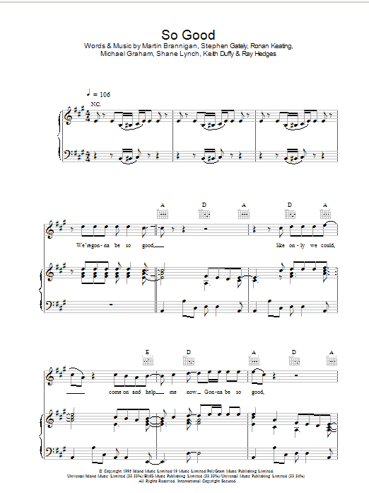 Boyzone So Good Sheet Music Notes & Chords for Piano, Vocal & Guitar (Right-Hand Melody) - Download or Print PDF