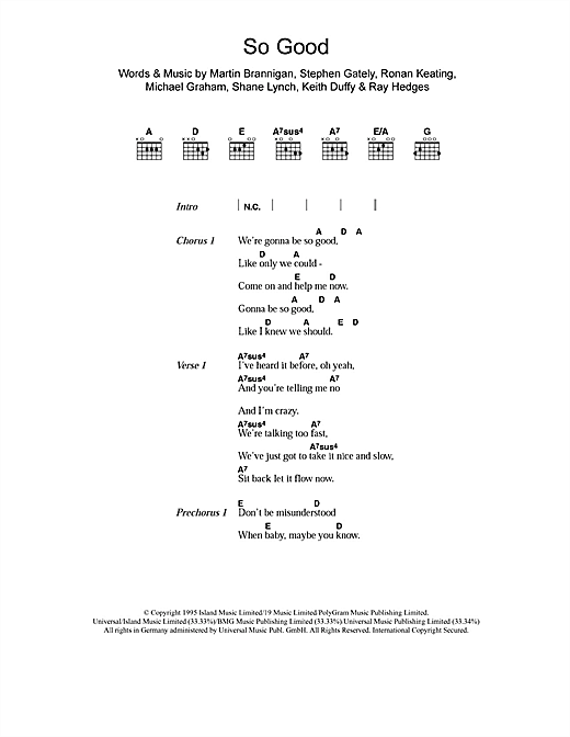 Preview Boyzone So Good Pop sheet music, notes and chords for Piano, Vocal & Guitar (Right-Hand Melody), SKU: 34003 So Good sheet music