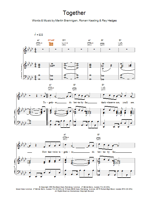 Boyzone Together Sheet Music Notes & Chords for Piano, Vocal & Guitar (Right-Hand Melody) - Download or Print PDF