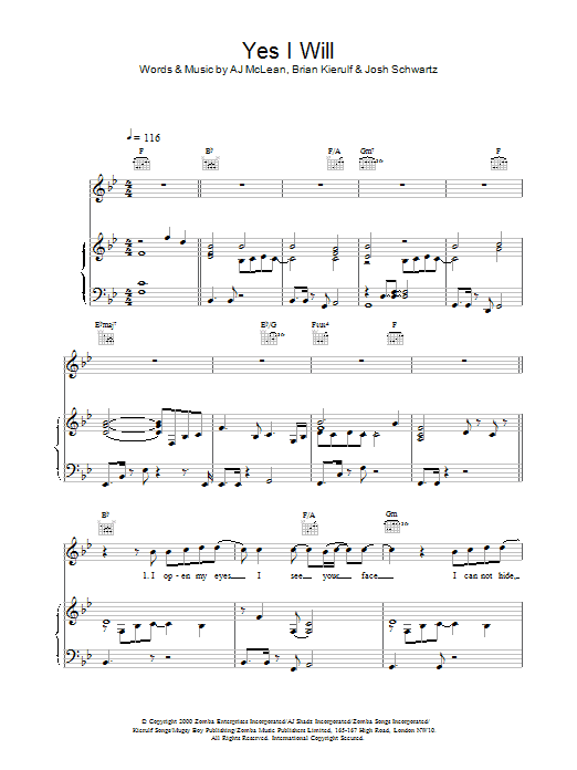 Preview Boyzone Yes I Will Pop sheet music, notes and chords for Piano, Vocal & Guitar, SKU: 18430 Yes I Will sheet music