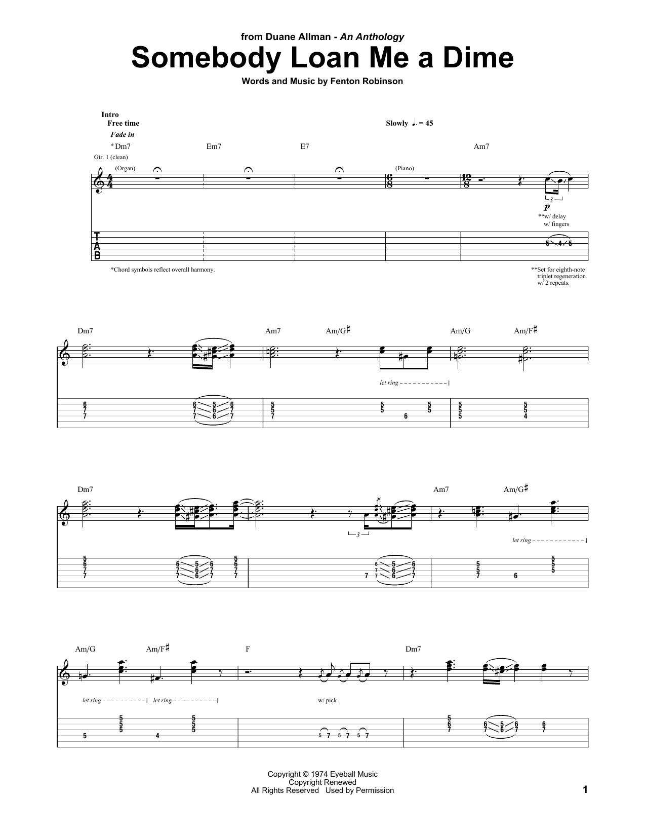 Boz Scaggs ft. Duane Allman Somebody Loan Me A Dime Sheet Music Notes & Chords for Guitar Tab - Download or Print PDF