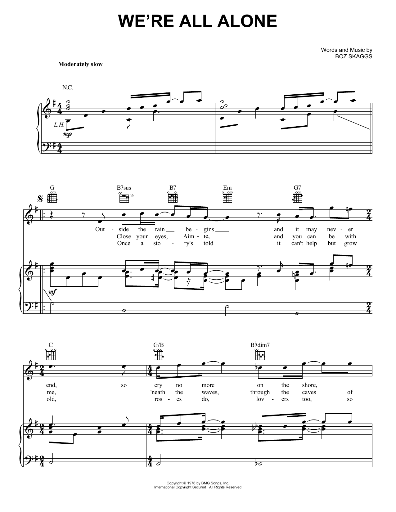 Boz Scaggs We're All Alone Sheet Music Notes & Chords for Piano, Vocal & Guitar (Right-Hand Melody) - Download or Print PDF
