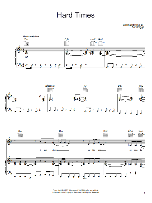 Preview Boz Scaggs Hard Times Pop sheet music, notes and chords for Piano, Vocal & Guitar (Right-Hand Melody), SKU: 58729 Hard Times sheet music