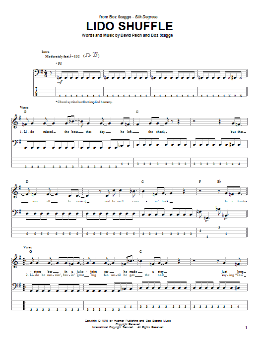 Preview Boz Scaggs Lido Shuffle Rock sheet music, notes and chords for Bass Guitar Tab, SKU: 56916 Lido Shuffle sheet music
