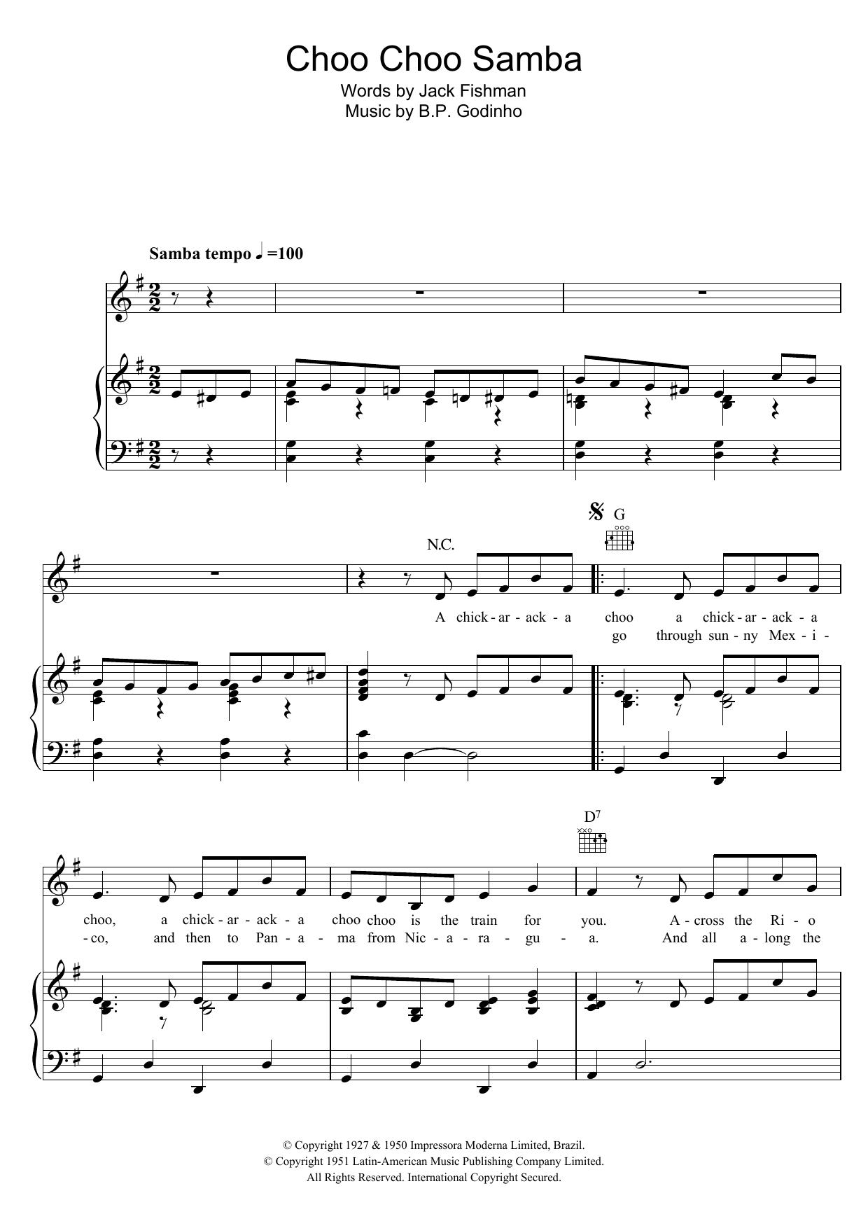B.P. Godinho Choo Choo Samba Sheet Music Notes & Chords for Piano, Vocal & Guitar (Right-Hand Melody) - Download or Print PDF