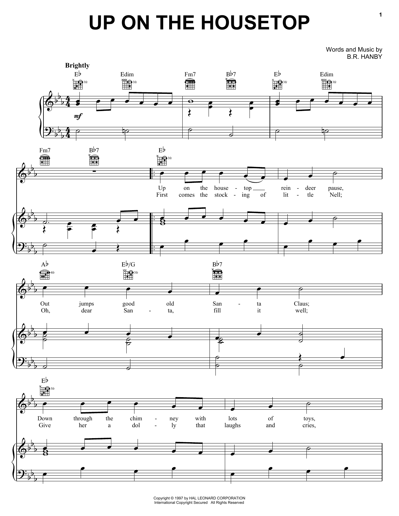 B.R. Hanby Up On The Housetop Sheet Music Notes & Chords for Piano, Vocal & Guitar (Right-Hand Melody) - Download or Print PDF