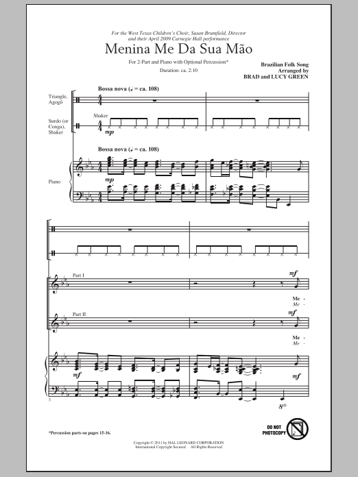 Brad Green Menina Me Da Sua Mao (Give Me Your Hand, Menina) Sheet Music Notes & Chords for 2-Part Choir - Download or Print PDF
