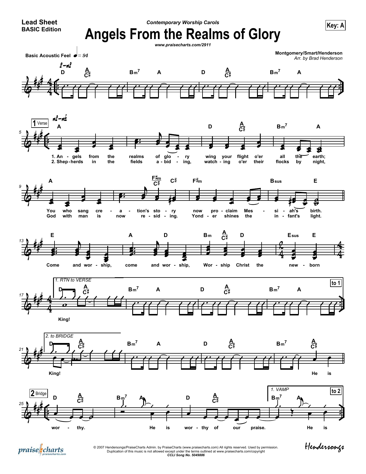 Brad Henderson Angels From the Realms of Glory Sheet Music Notes & Chords for Lead Sheet / Fake Book - Download or Print PDF