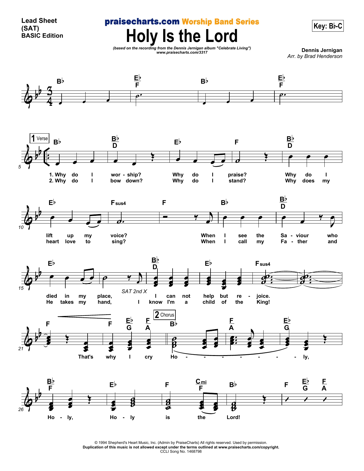 Brad Henderson Holy Is the Lord Sheet Music Notes & Chords for Lead Sheet / Fake Book - Download or Print PDF