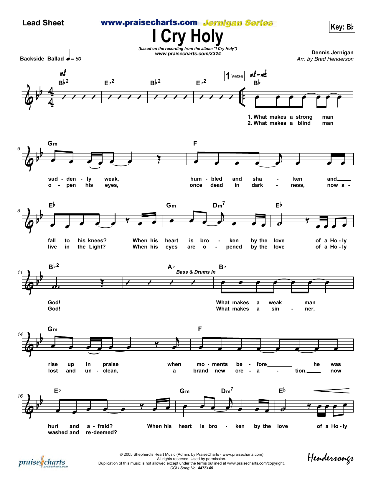 Brad Henderson I Cry Holy Sheet Music Notes & Chords for Lead Sheet / Fake Book - Download or Print PDF