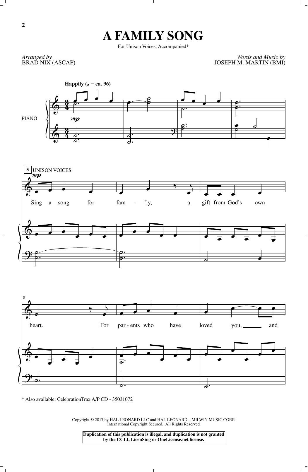 Brad Nix A Family Song Sheet Music Notes & Chords for Unison Choral - Download or Print PDF