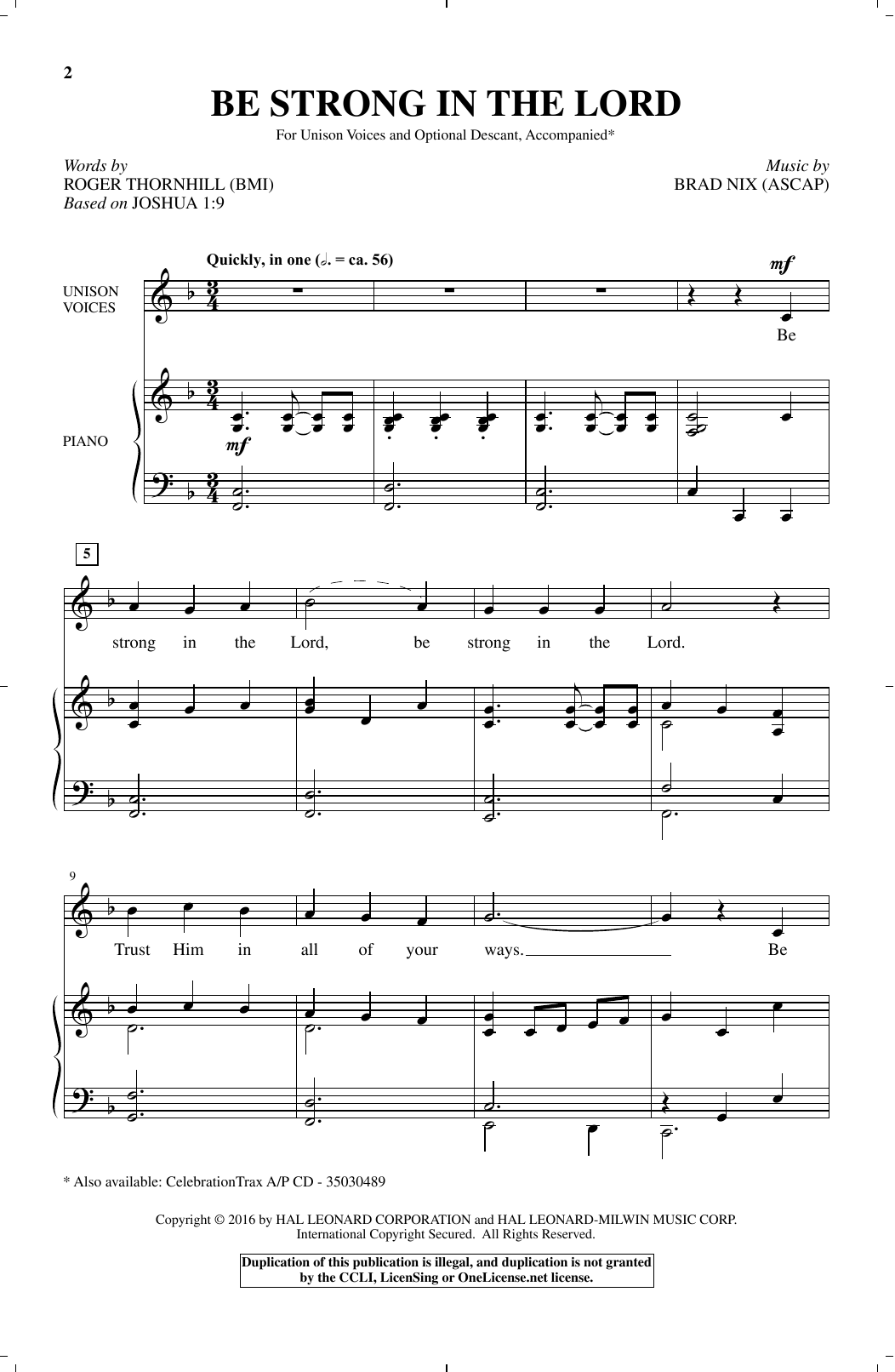 Brad Nix Be Strong In The Lord Sheet Music Notes & Chords for Unison Choral - Download or Print PDF