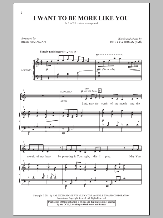 Brad Nix I Want To Be More Like You Sheet Music Notes & Chords for SATB - Download or Print PDF