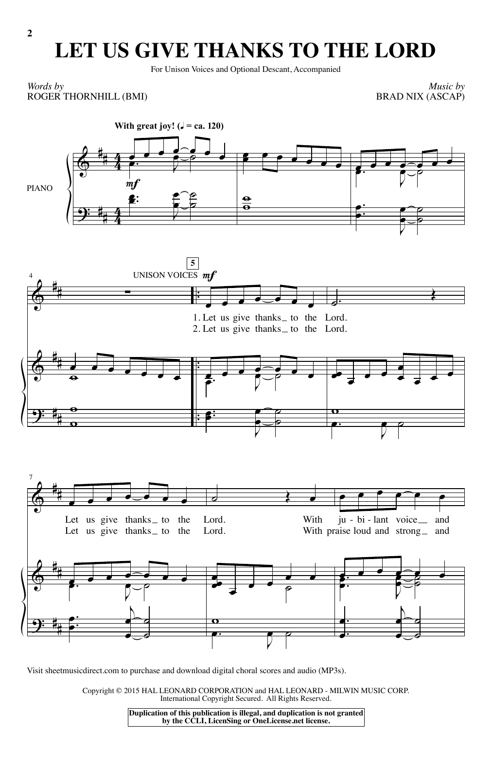 Brad Nix Let Us Give Thanks To The Lord Sheet Music Notes & Chords for Unison Choral - Download or Print PDF