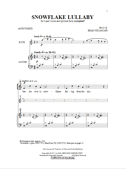 Brad Nix Snowflake Lullaby Sheet Music Notes & Chords for 2-Part Choir - Download or Print PDF