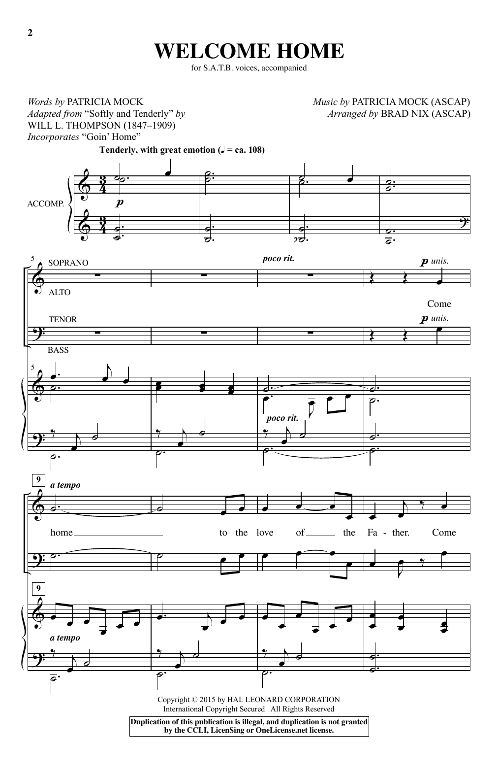 Patricia Mock Welcome Home (arr. Brad Nix) Sheet Music Notes & Chords for SATB - Download or Print PDF