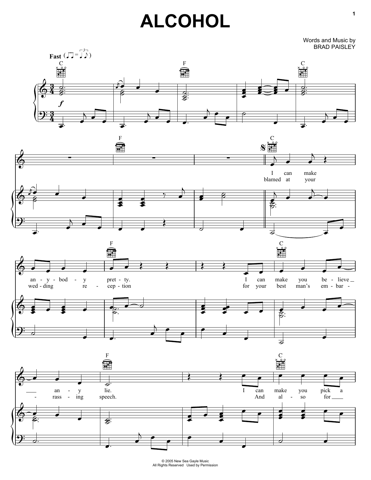 Brad Paisley Alcohol Sheet Music Notes & Chords for Piano, Vocal & Guitar (Right-Hand Melody) - Download or Print PDF