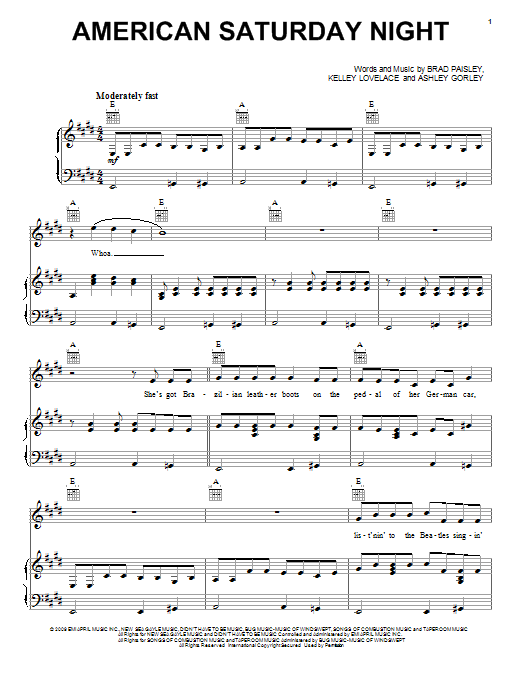 Brad Paisley American Saturday Night Sheet Music Notes & Chords for Piano, Vocal & Guitar (Right-Hand Melody) - Download or Print PDF