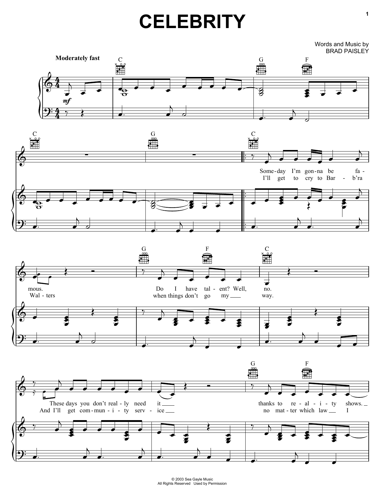 Brad Paisley Celebrity Sheet Music Notes & Chords for Piano, Vocal & Guitar (Right-Hand Melody) - Download or Print PDF