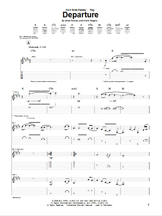 Brad Paisley Departure Sheet Music Notes & Chords for Guitar Tab - Download or Print PDF
