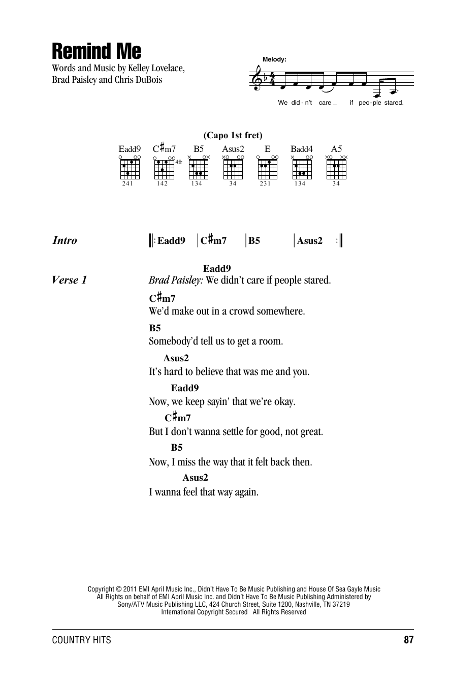 Brad Paisley Duet With Carrie Underwood Remind Me Sheet Music Notes & Chords for Lyrics & Chords - Download or Print PDF