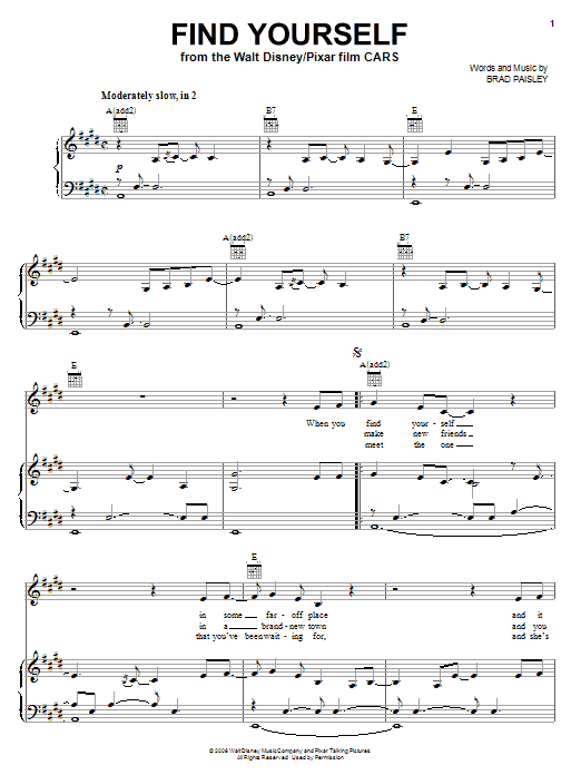Brad Paisley Find Yourself (from Cars) Sheet Music Notes & Chords for Piano, Vocal & Guitar (Right-Hand Melody) - Download or Print PDF
